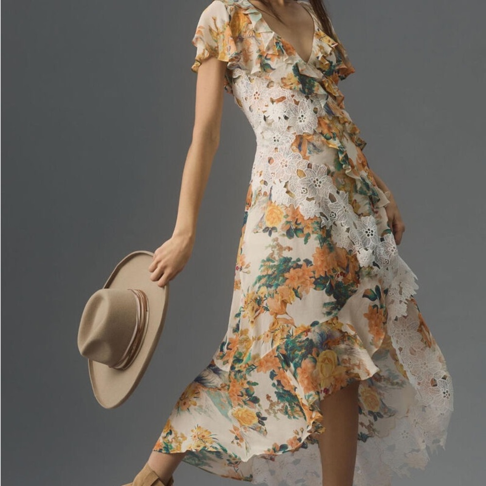 Anthropologie Floral Ruffle Midi Dress in Cream, Orange, Green